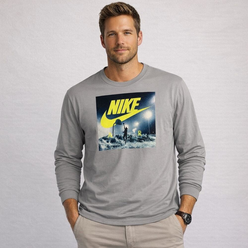 Nike Long Sleeve Tee Shirt Mens Large Gray Crew Neck Yellow Swoosh Logo